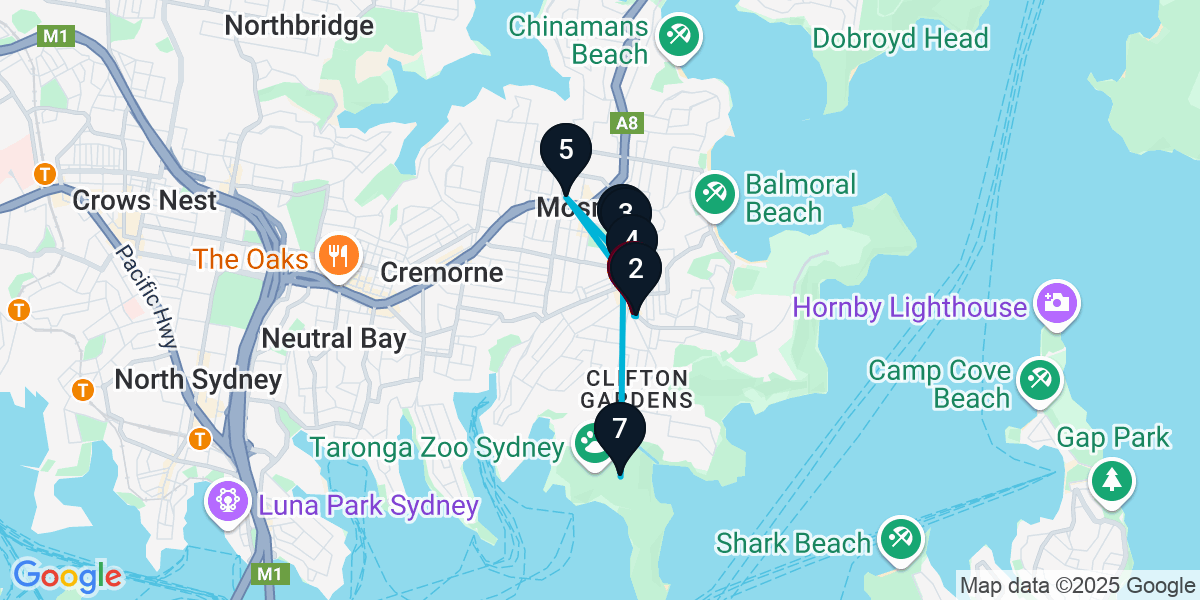 Map for 7-Stop Mosman Bar Crawl