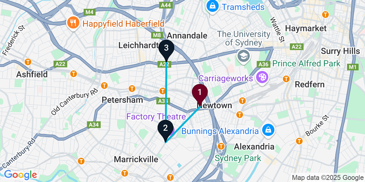 Map for 3-Stop Newtown Nightclub Bar Crawl