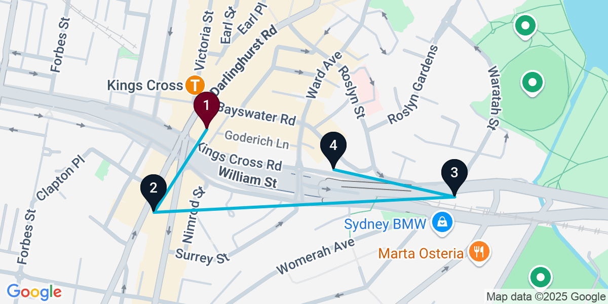 Map for 4-Stop Potts Point Wine bar Bar Crawl