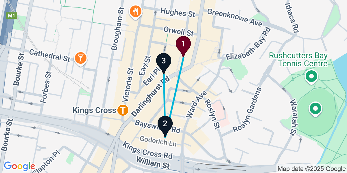 Map for 3-Stop Potts Point Rooftop Bar Crawl