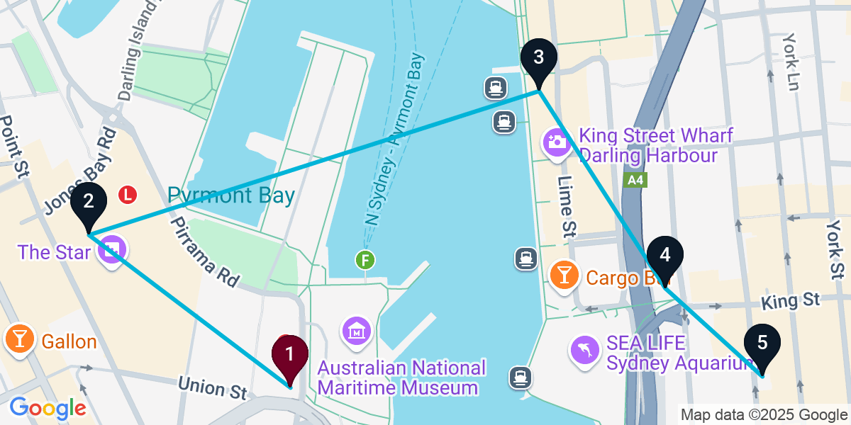 Map for Bar Crawl from Pyrmont Bridge Hotel (5 Stops)