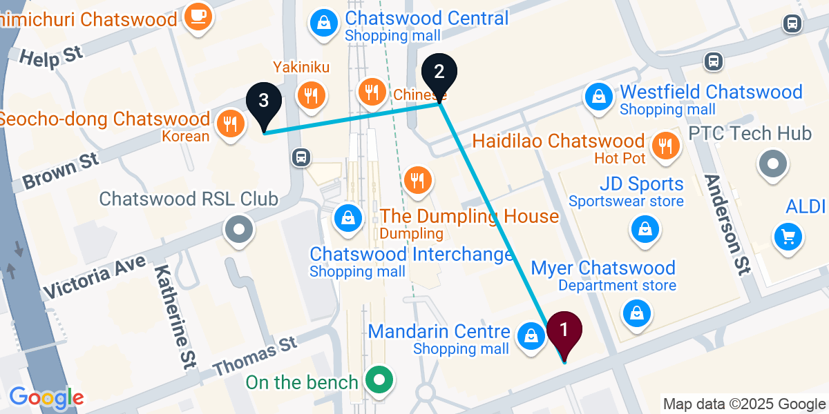 Map for 3-Stop Chatswood Bar Crawl