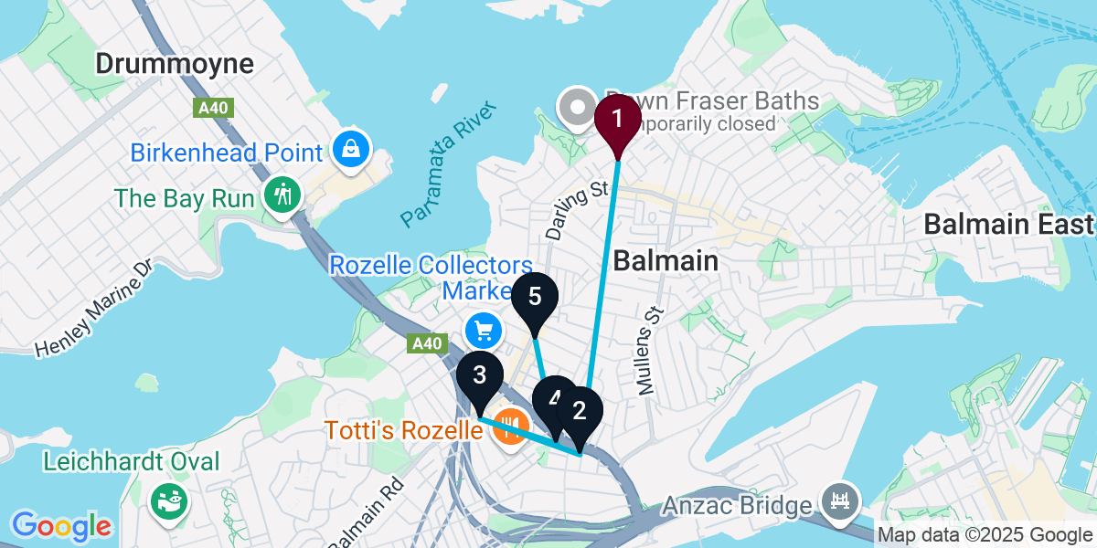Map for 5-Stop Balmain Bar Crawl