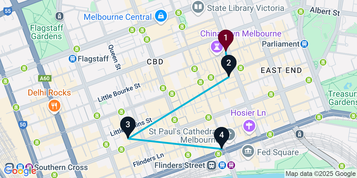 Map for 4-Stop Melbourne Pub Crawl
