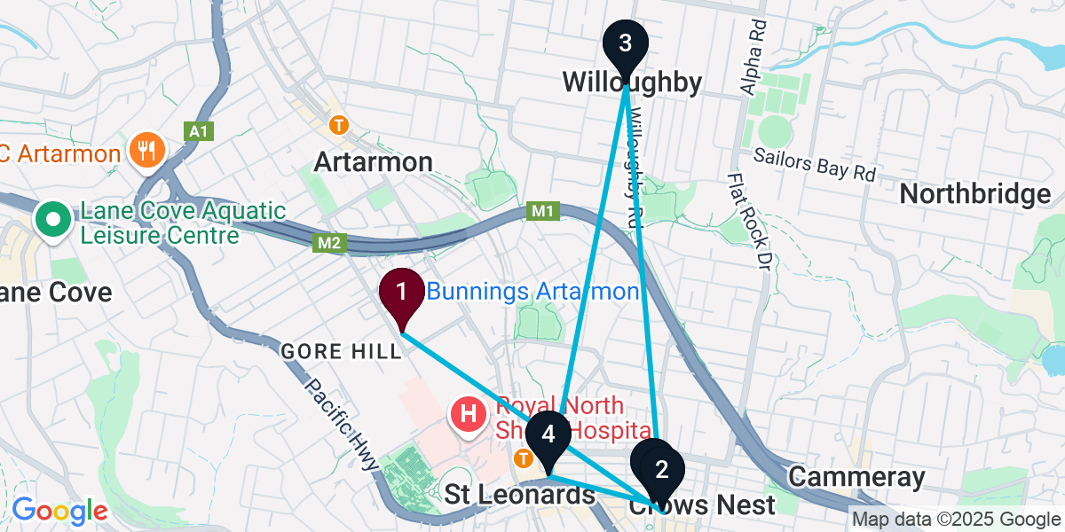 Map for 5-Stop Artarmon Cocktail Bar Crawl