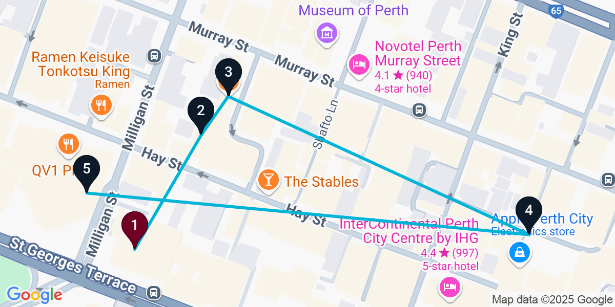 Map for 5-Stop Perth Bar Crawl