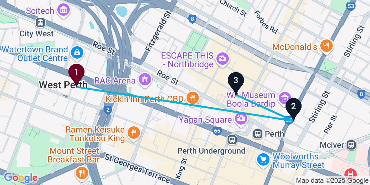 Map for 3-Stop West Perth Nightclub Bar Crawl