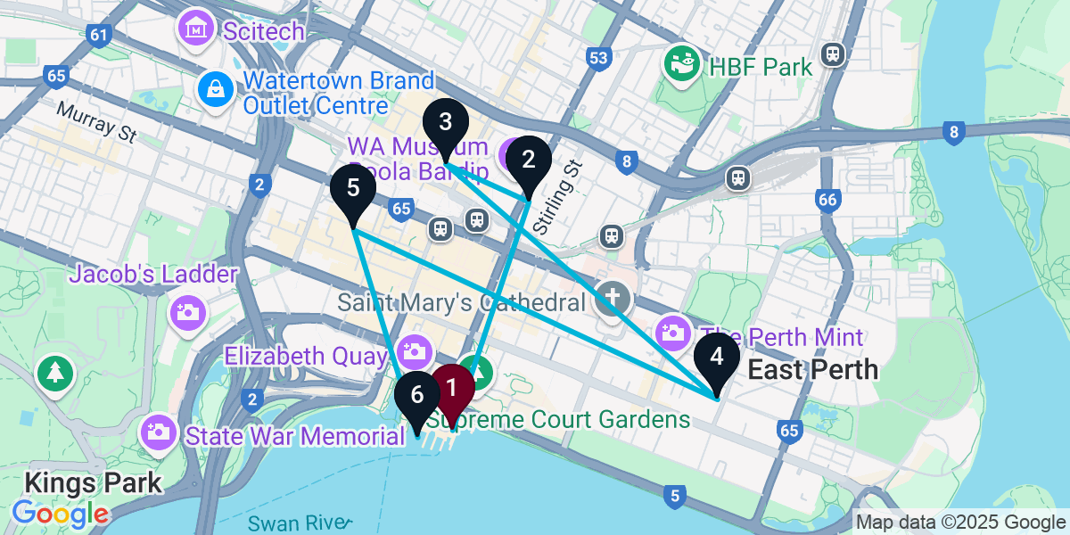 Map for 6-Stop Perth Nightclub Bar Crawl
