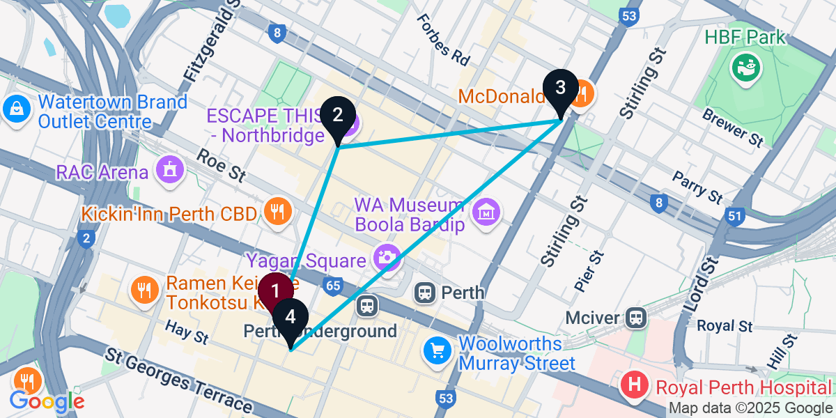 Map for 4-Stop Perth Cocktail Bar Crawl