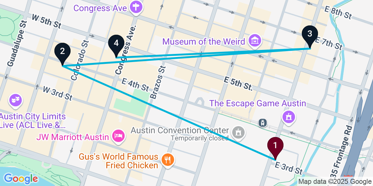 Map for 4-Stop Austin Nightclub Bar Crawl