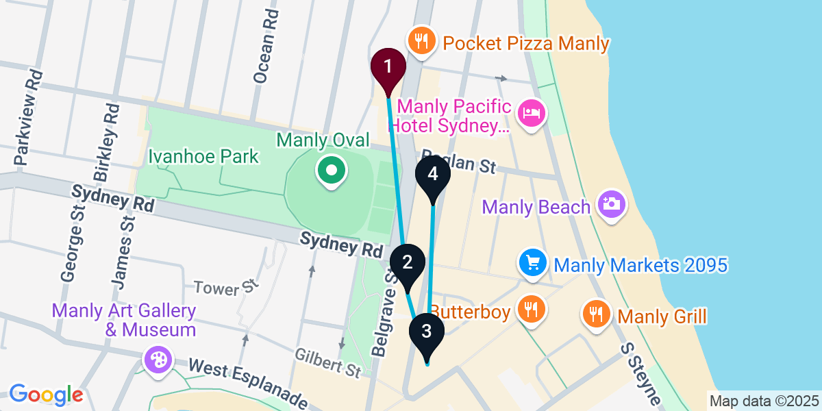 Map for 4-Stop Manly Cocktail Bar Crawl