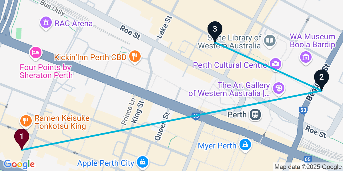 Map for 3-Stop Perth Nightclub Bar Crawl