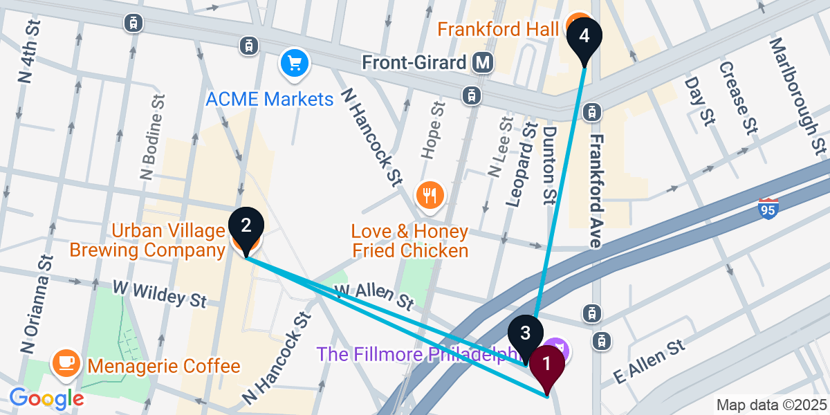 Map for Essential North Philadelphia Bar Crawl