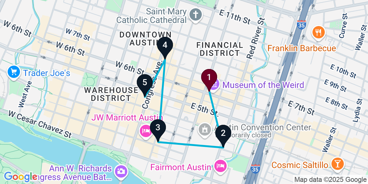 Map for 5-Stop Austin Bar Crawl