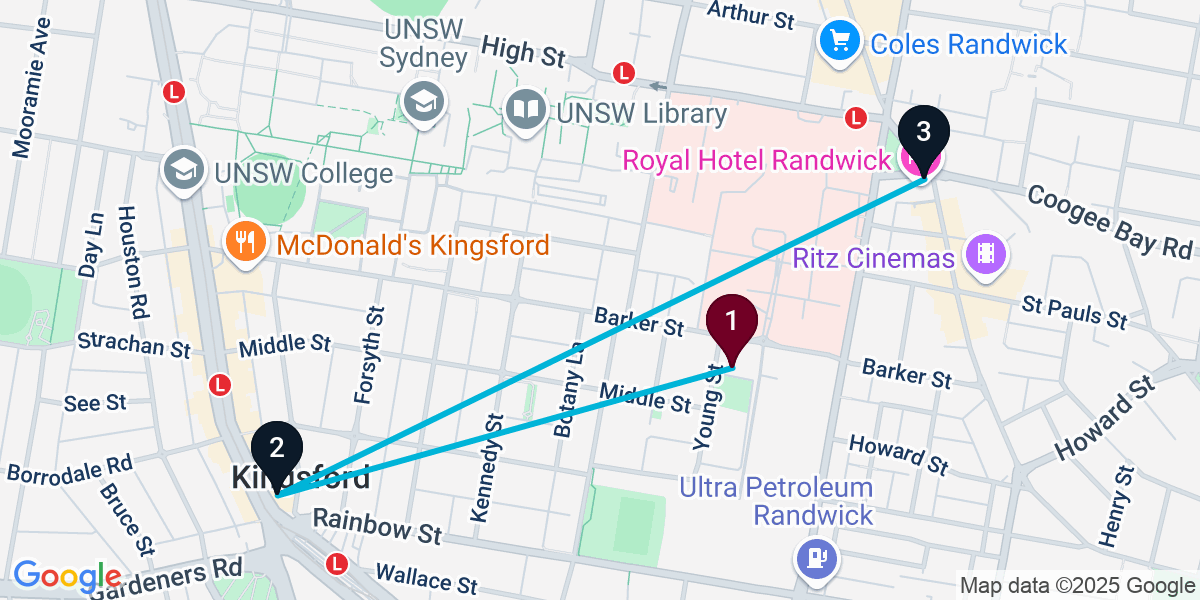 Map for 3-Stop Randwick Sports bar Bar Crawl