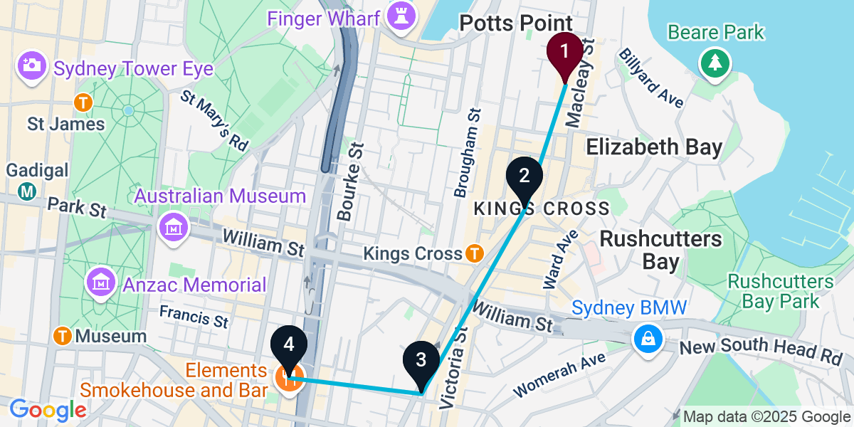 Map for 4-Stop Potts Point Rooftop Bar Crawl