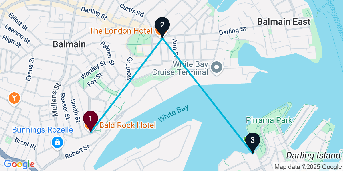 Map for 3-Stop Rozelle Rooftop Bar Crawl