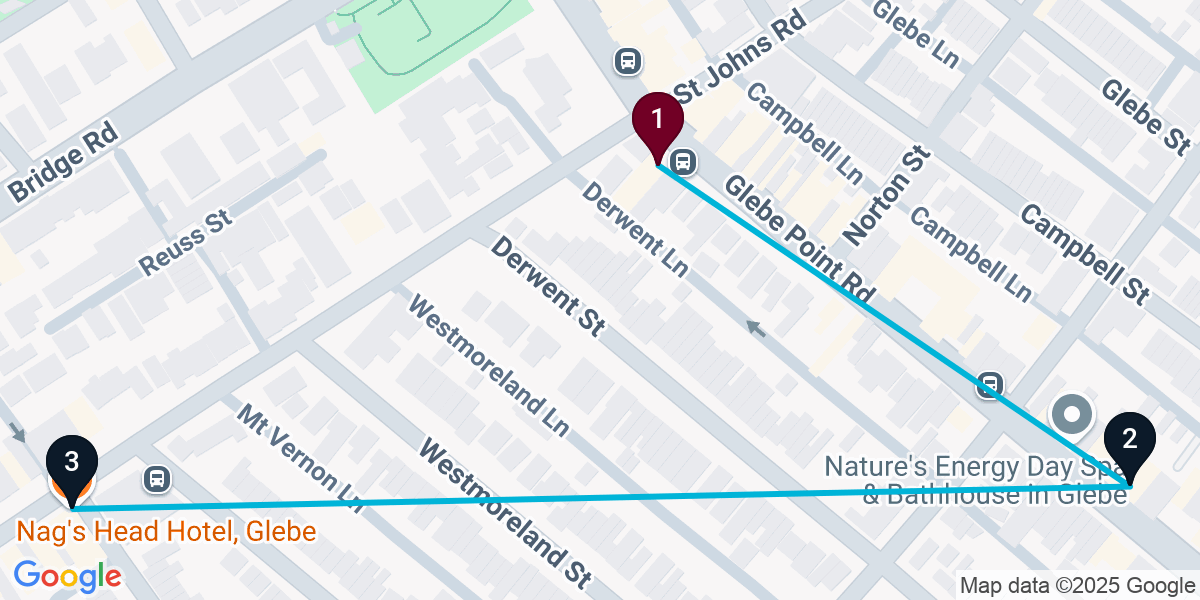 Map for 3-Stop Glebe Bar Crawl