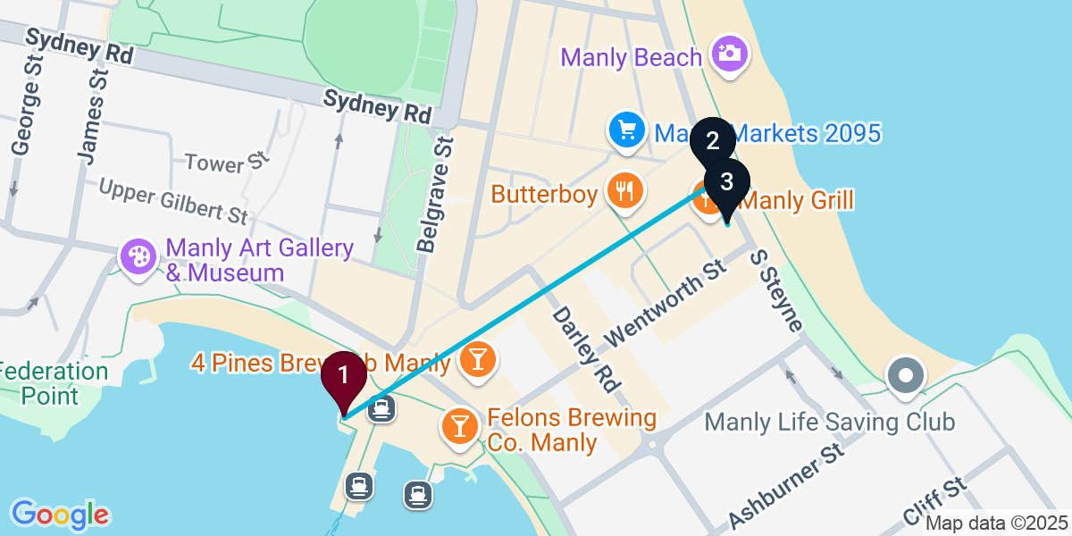 Map for 3-Stop Manly Beach bar Bar Crawl