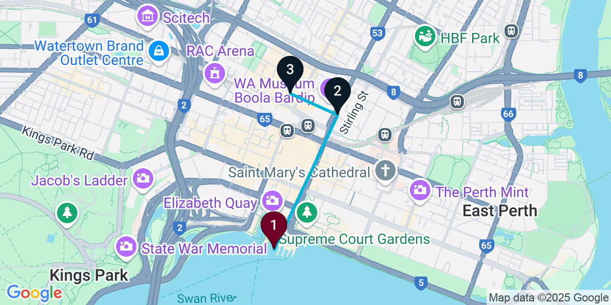 Map for 3-Stop Perth Nightclub Bar Crawl