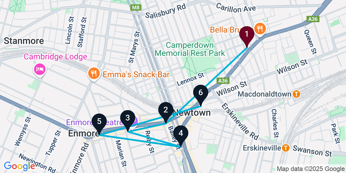 Map for 6-Stop Newtown Bar Crawl