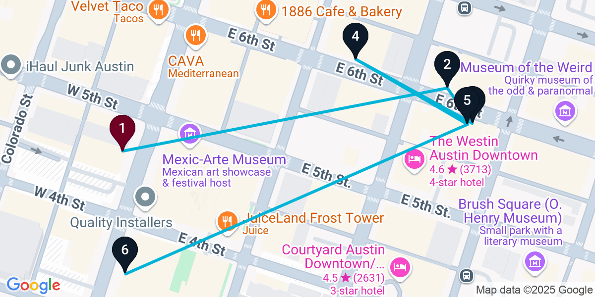Map for 6-Stop Austin Live music Bar Crawl