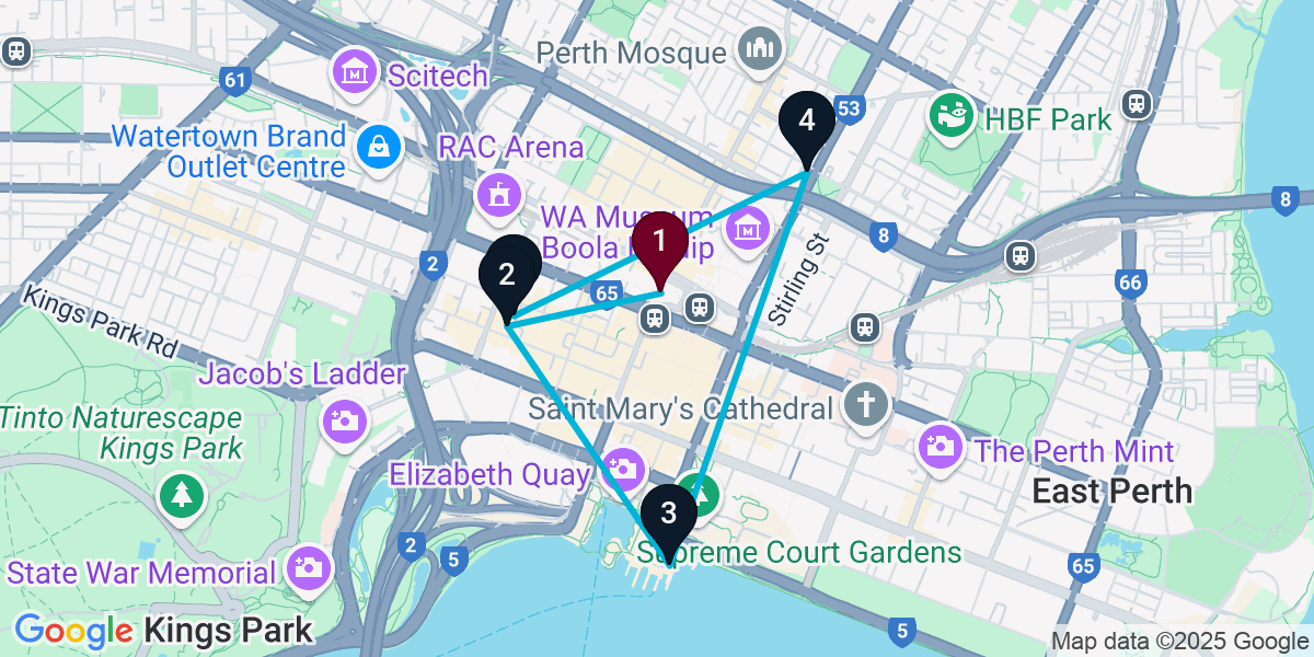 Map for 5-Stop Perth Cocktail Bar Crawl