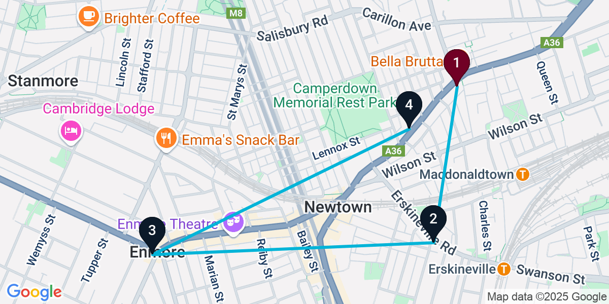 Map for 4-Stop Newtown Rooftop Bar Crawl