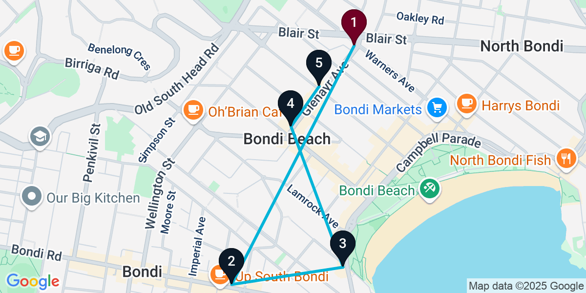 Map for 5-Stop Bondi Beach Cocktail Bar Crawl