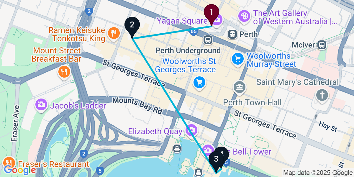 Map for 4-Stop Perth Rooftop Bar Crawl