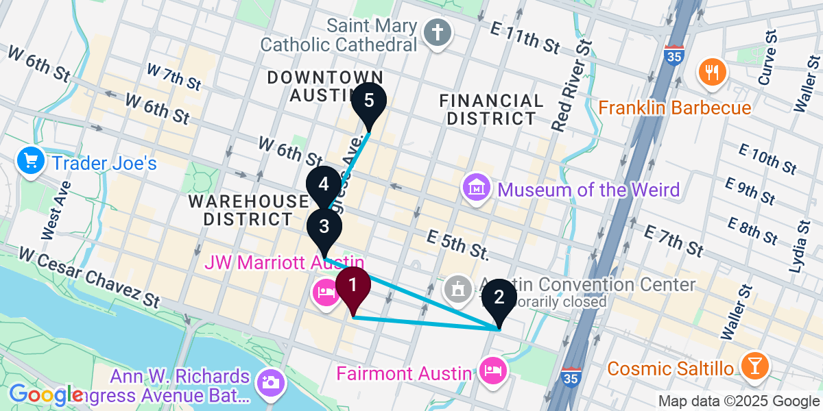Map for 5-Stop Austin Cocktail Bar Crawl