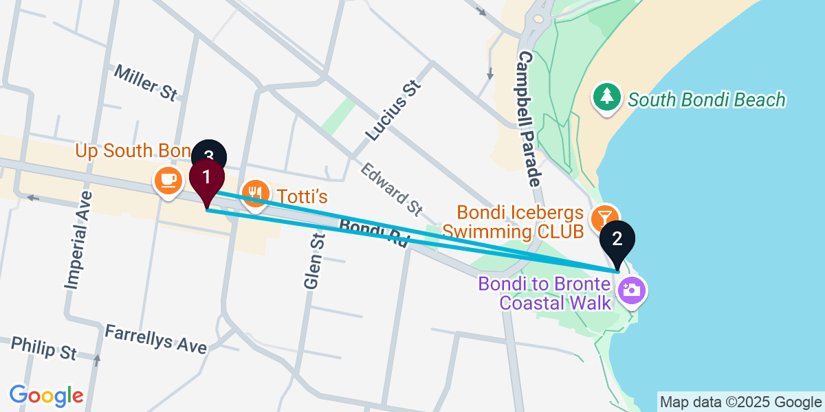 Map for 3-Stop Bondi Bar Crawl