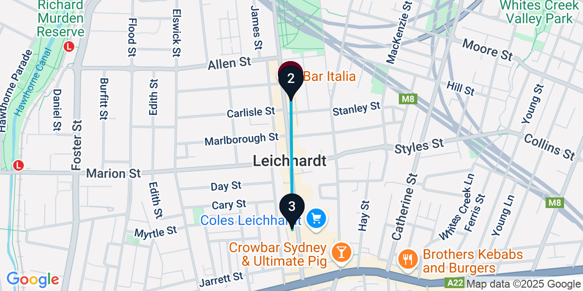 Map for 3-Stop Leichhardt Bar Crawl