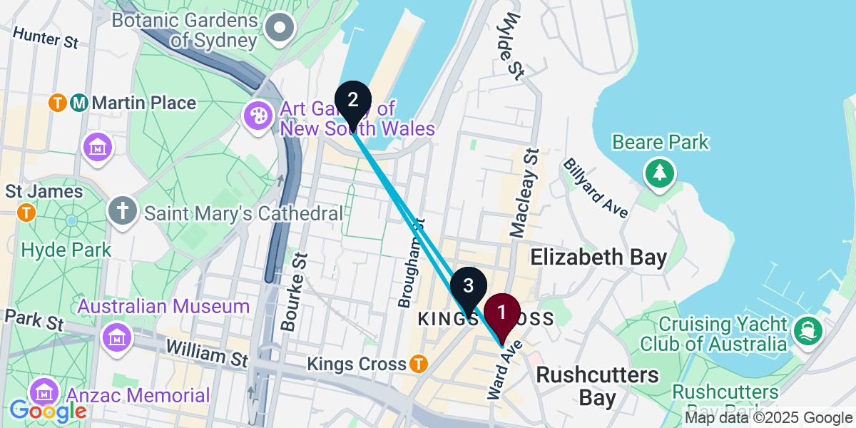 Map for 3-Stop Potts Point Rooftop Bar Crawl