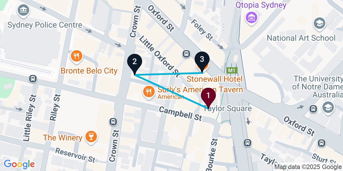 Map for 3-Stop Darlinghurst Live music Bar Crawl