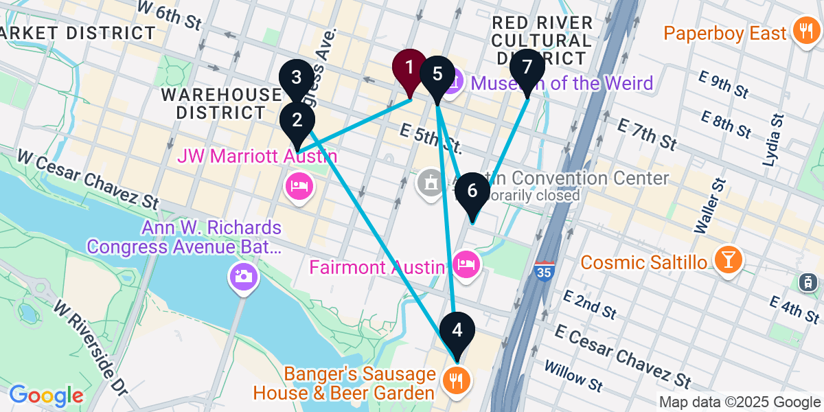 Map for 7-Stop Austin Cocktail Bar Crawl