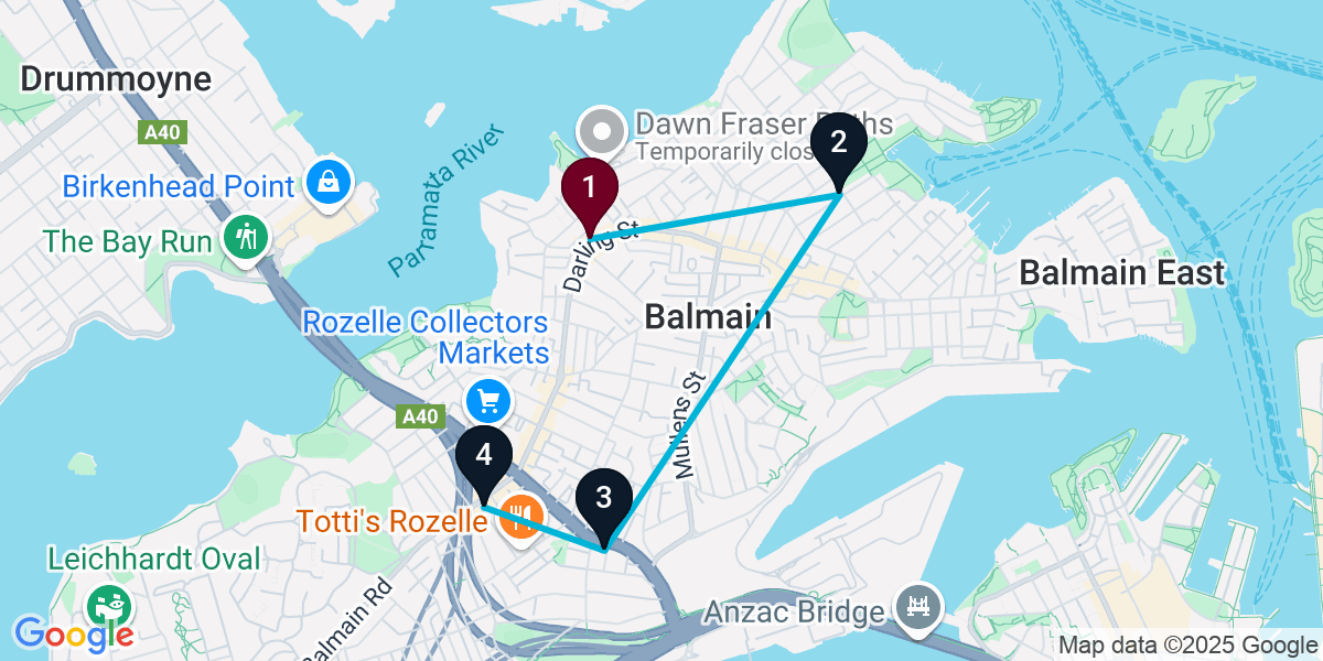 Map for 4-Stop Balmain Pub Bar Crawl