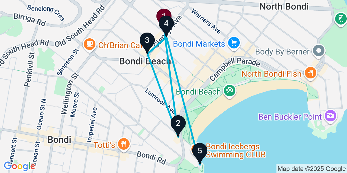 Map for 5-Stop Bondi Beach Bar Crawl