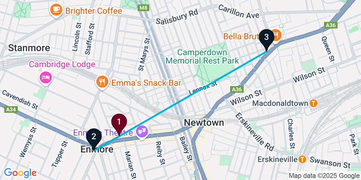 Map for 3-Stop Enmore Rooftop Bar Crawl