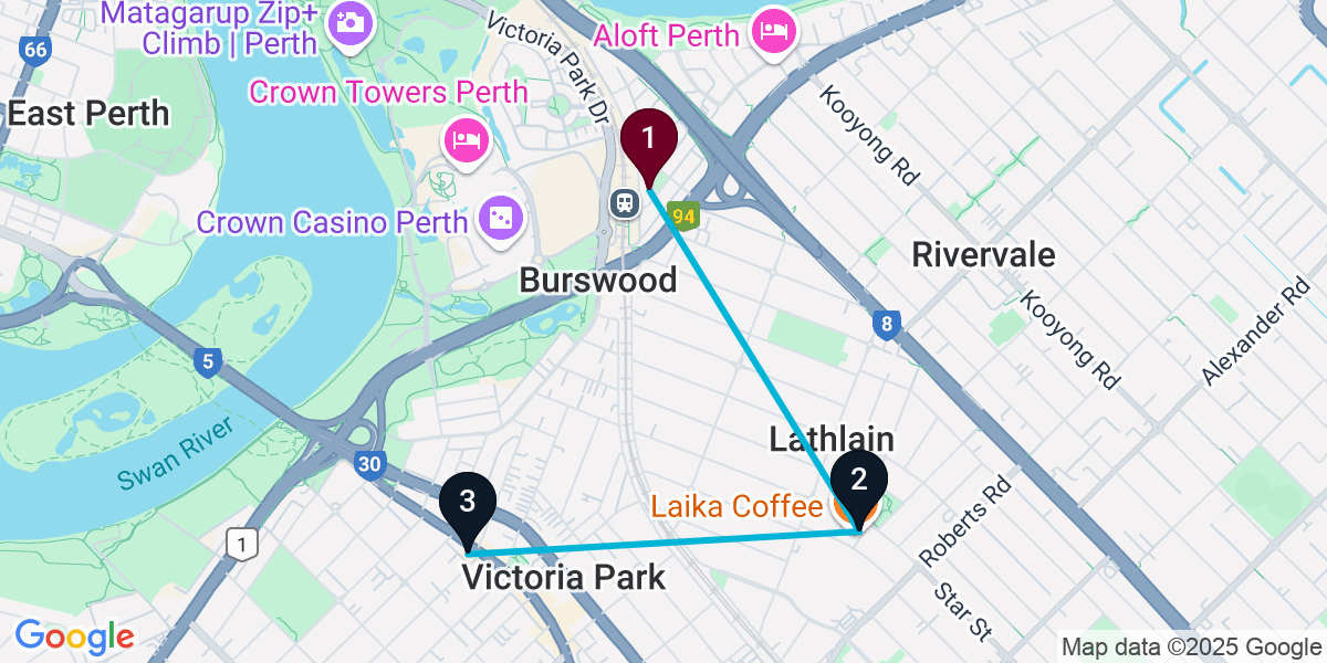 Map for 3-Stop Burswood Wine bar Bar Crawl