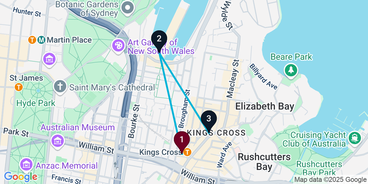 Map for 3-Stop Potts Point Rooftop Bar Crawl