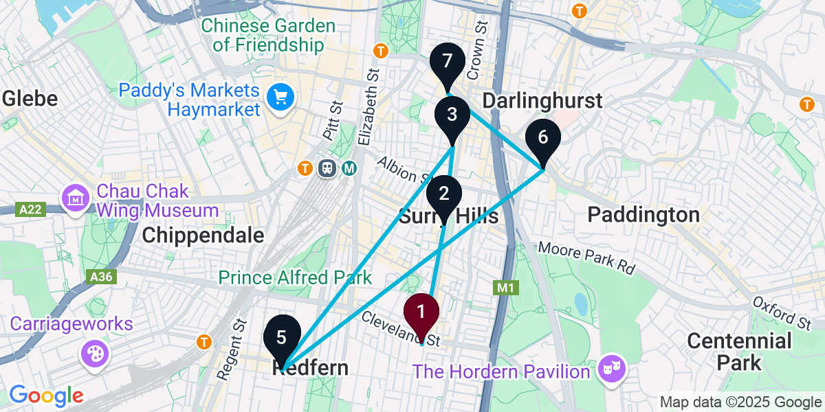 Map for 7-Stop Redfern Wine bar Bar Crawl