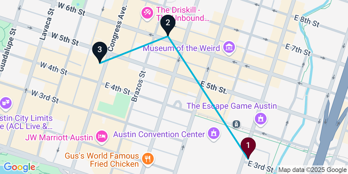 Map for 3-Stop Austin Live music Bar Crawl