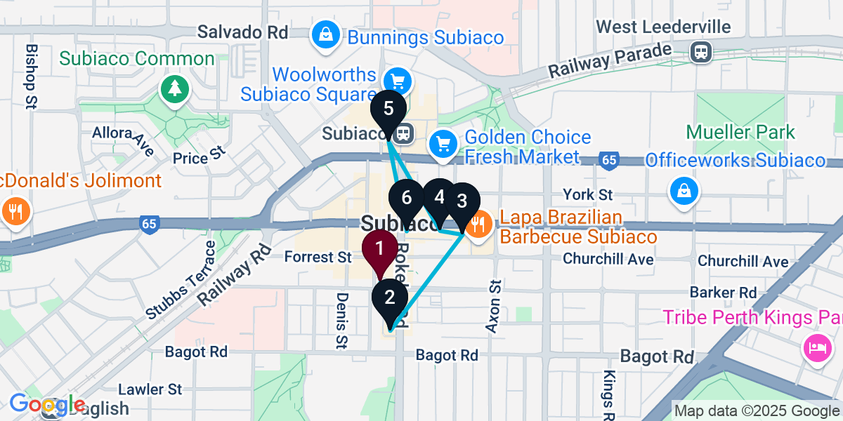 Map for 6-Stop Subiaco Bar Crawl