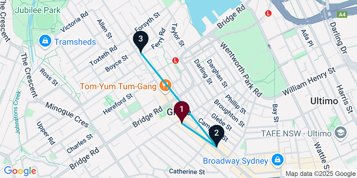 Map for 3-Stop Glebe Live music Bar Crawl