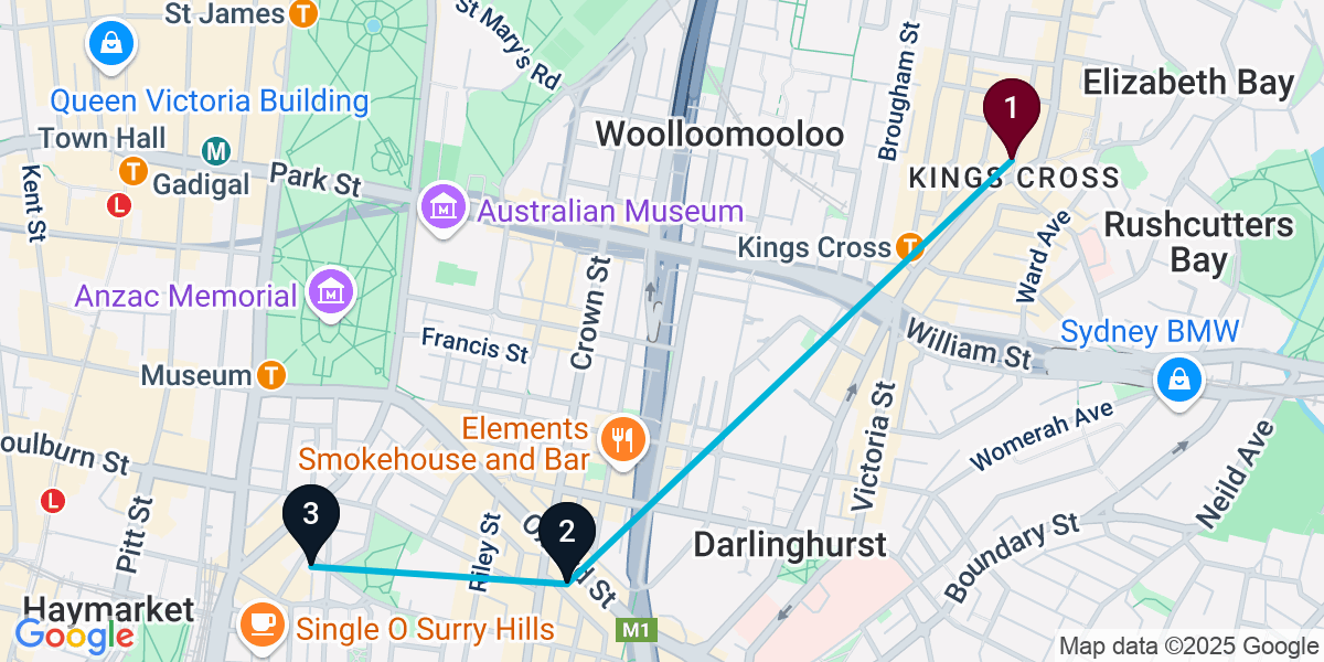 Map for 3-Stop Potts Point Brewery Bar Crawl