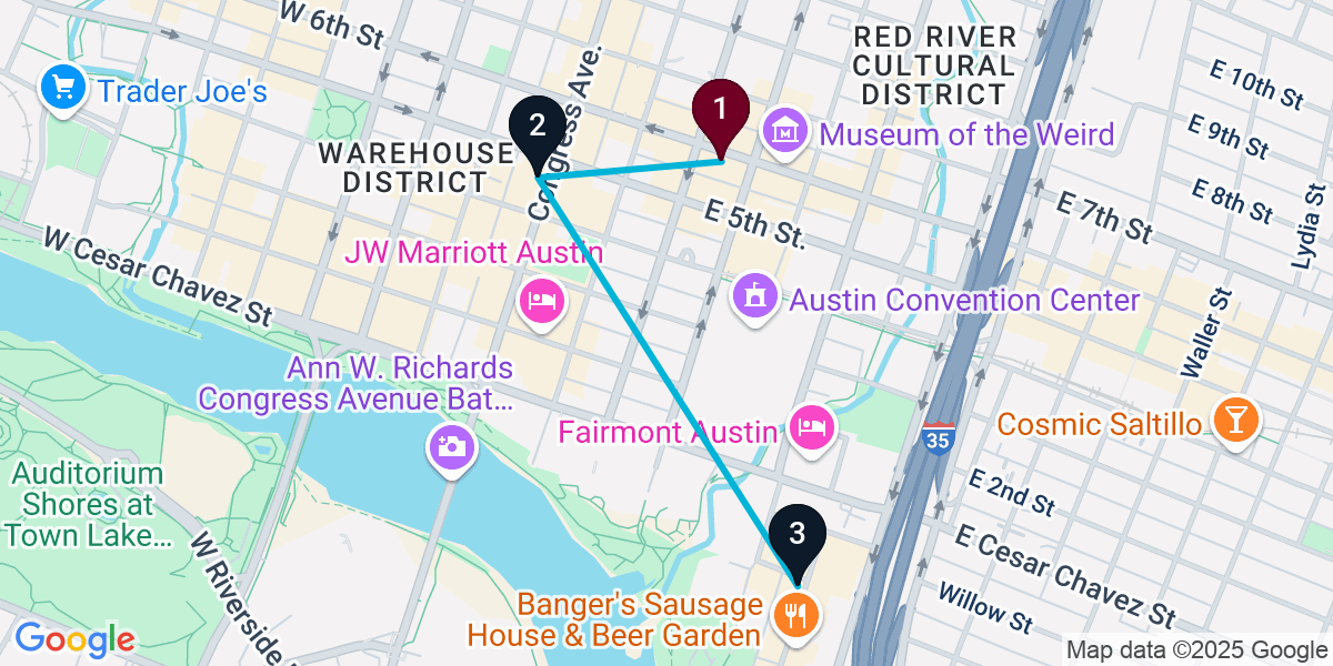 Map for 3-Stop Austin Rooftop Bar Crawl