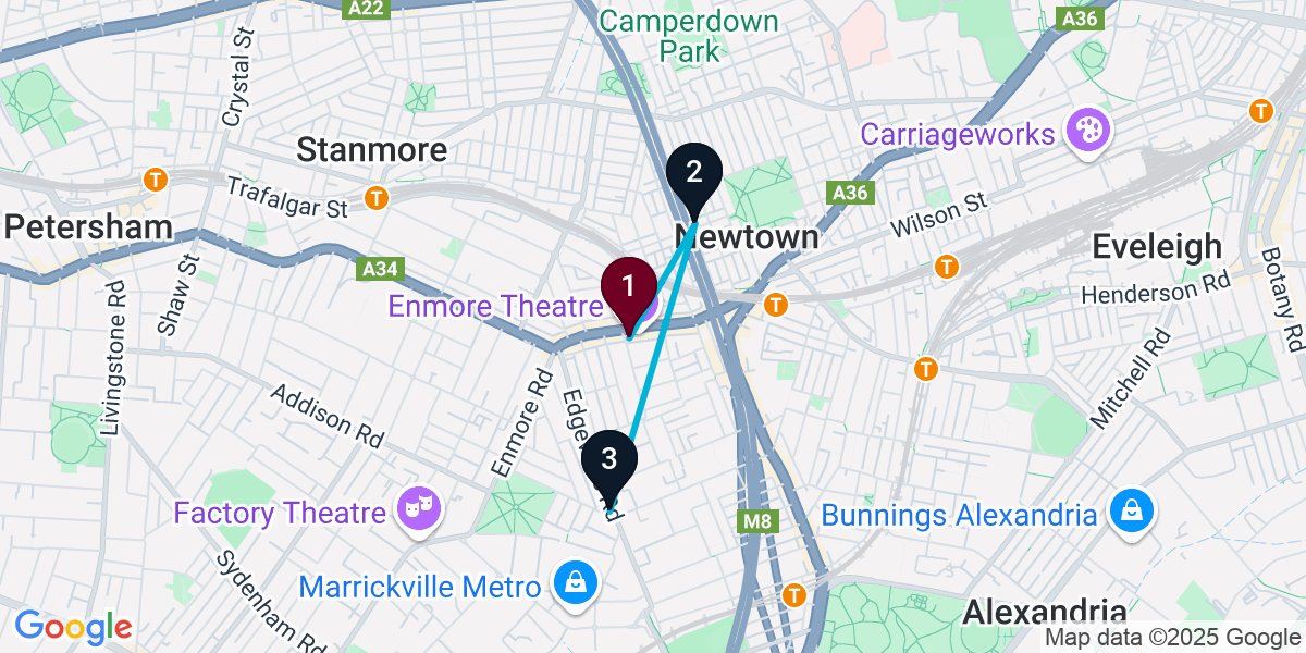 Map for 3-Stop Newtown Pub Bar Crawl