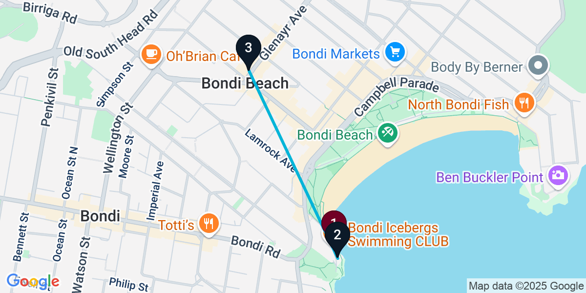 Map for 3-Stop Bondi Beach Bar Crawl