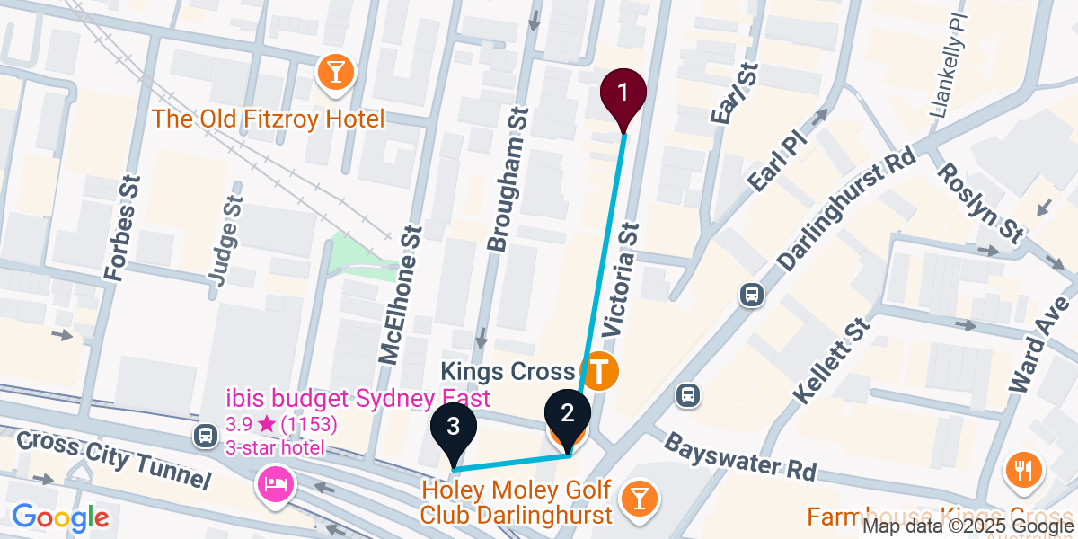 Map for 3-Stop Potts Point Live music Bar Crawl